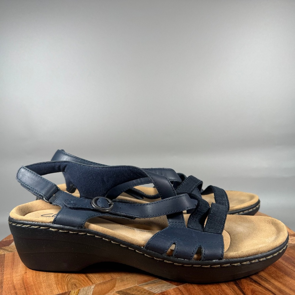 Clarks Collection Navy Blue Leather Strappy‎ Wedge Sandals Women 11 N